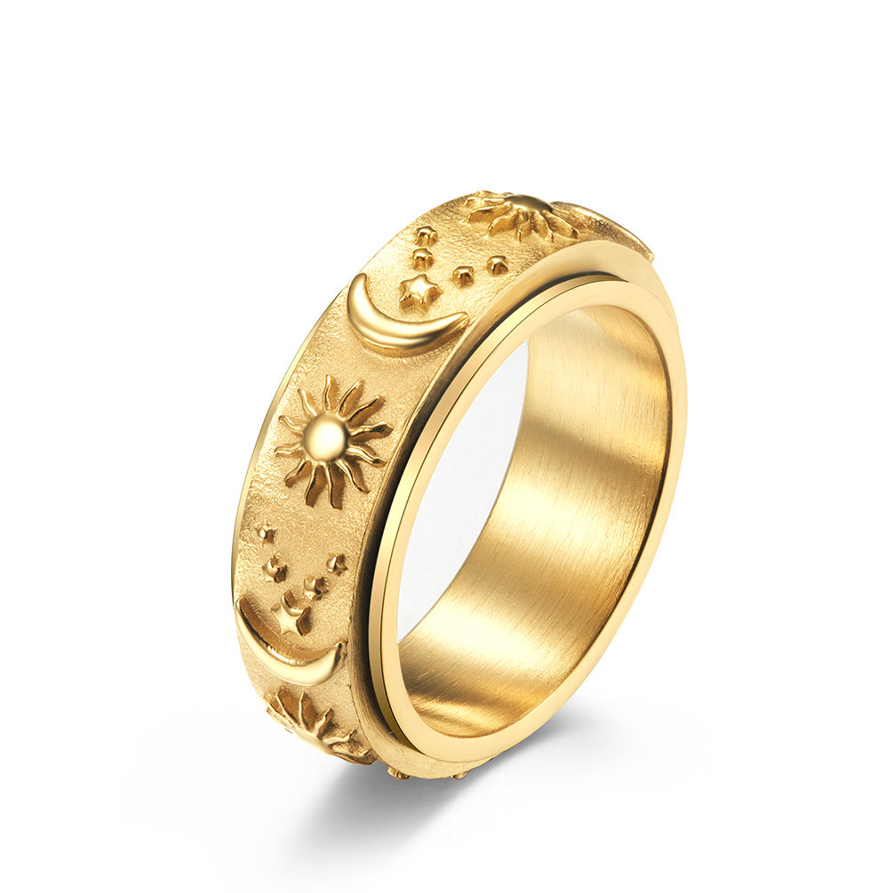 Star-Moon-Sun Titanium Ring | Rotatable Anti-Stress Ring - 316L Stainless Steel with Celestial Motif