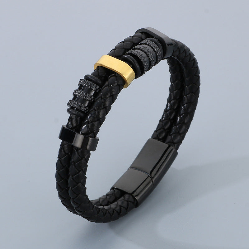 Multi-layered leather braided bracelet made of stainless steel – retro punk design with magnetic clasp