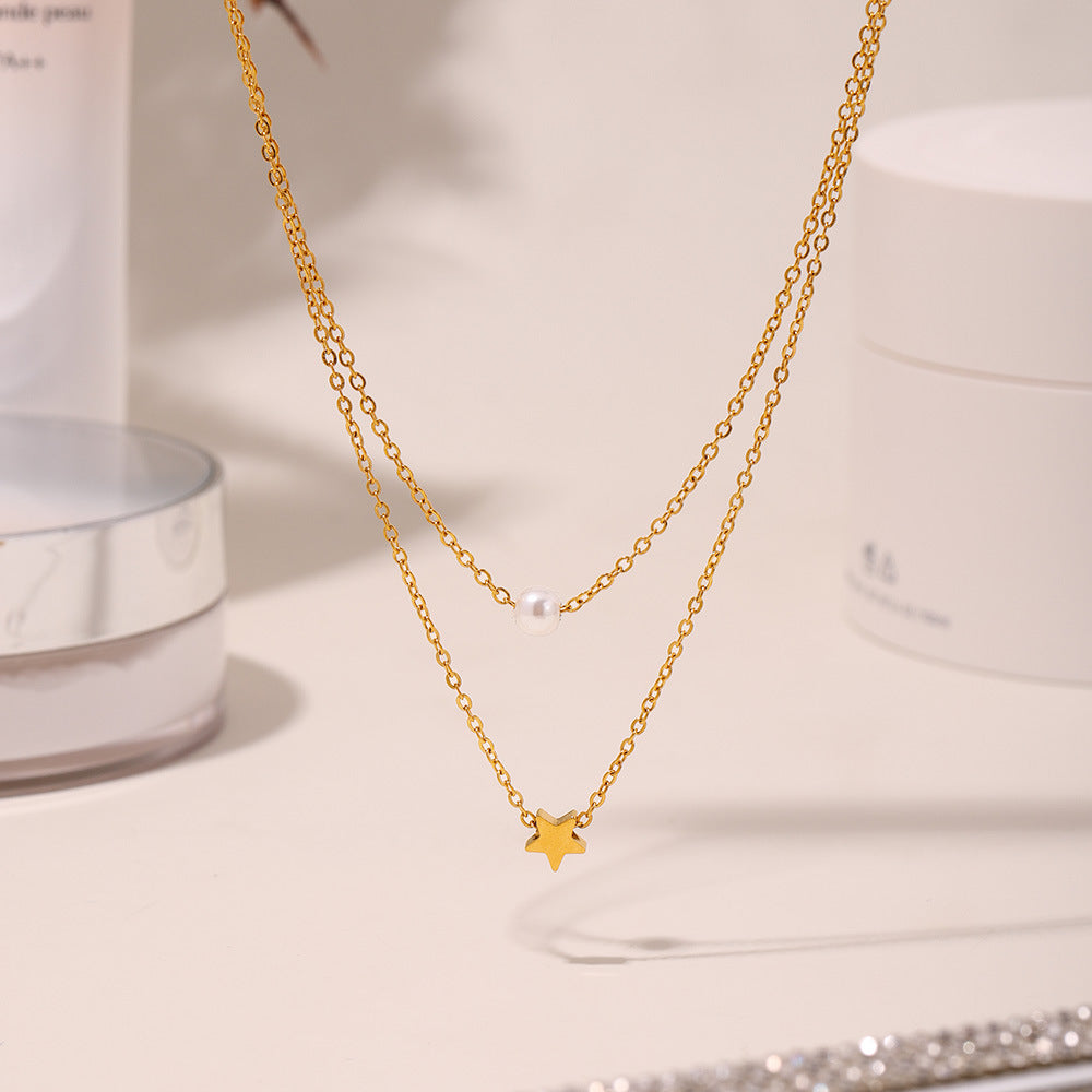 Star double chain with imitation pearls – 18K gold-plated stainless steel or silver look for stylish layering