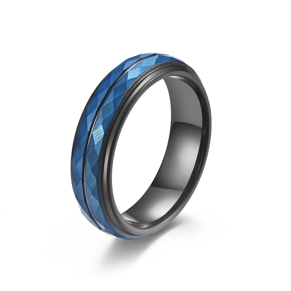 Wolframcarbid-Ring mit Rautenmuster & Schwarz-Blau-Optik – Künstlerisches Herrenaccessoire