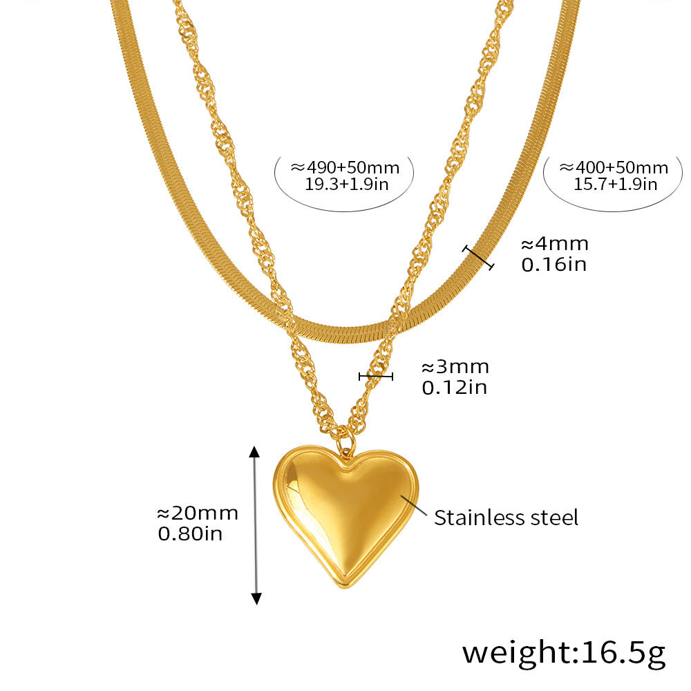 Wave-shaped blade chain with heart pendant | Double-layered stainless steel chain in 18K gold or high-gloss silver look