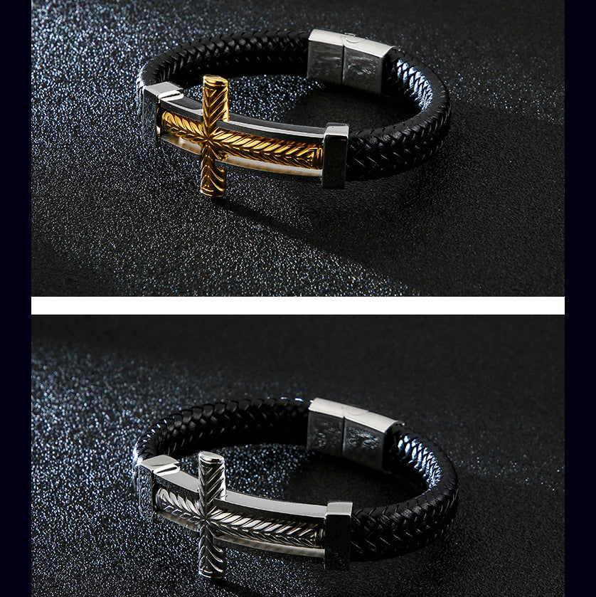 Men's braided leather bracelet with stainless steel cross – Robust men's bracelet