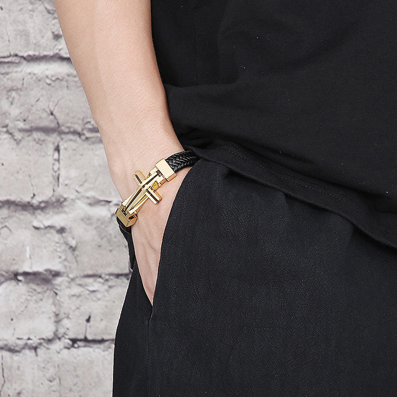 Men's stainless steel bracelet with cross pendant and leather braiding | Hypoallergenic