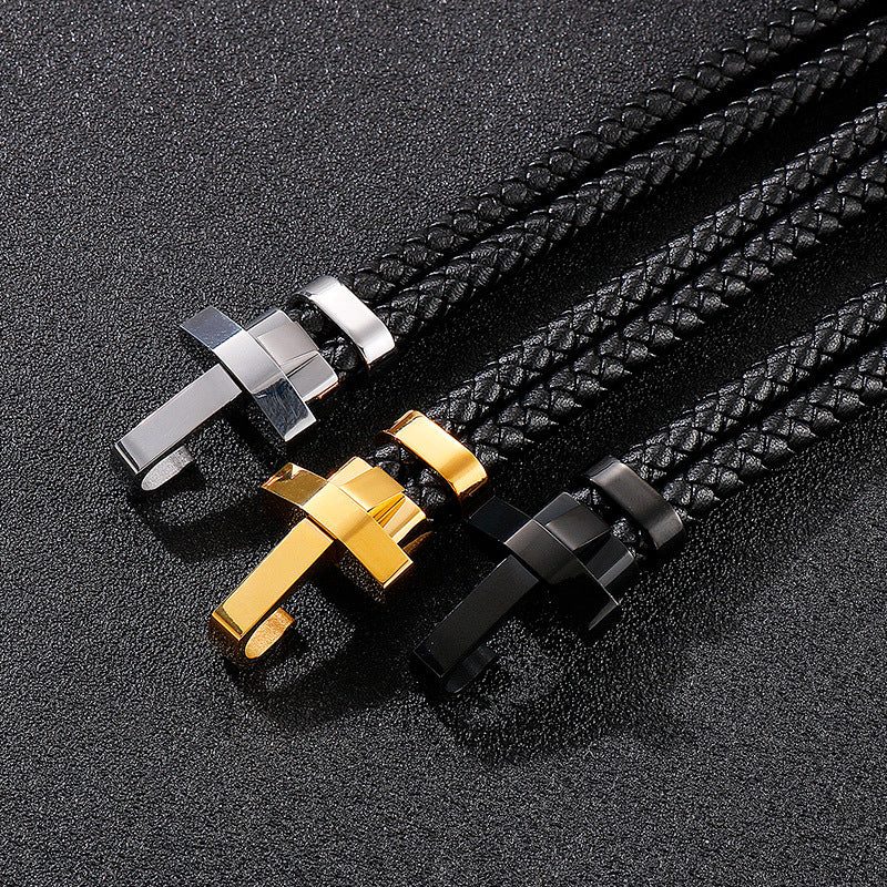 Stainless steel bracelet for men – stylish leather braid with geometric clasp