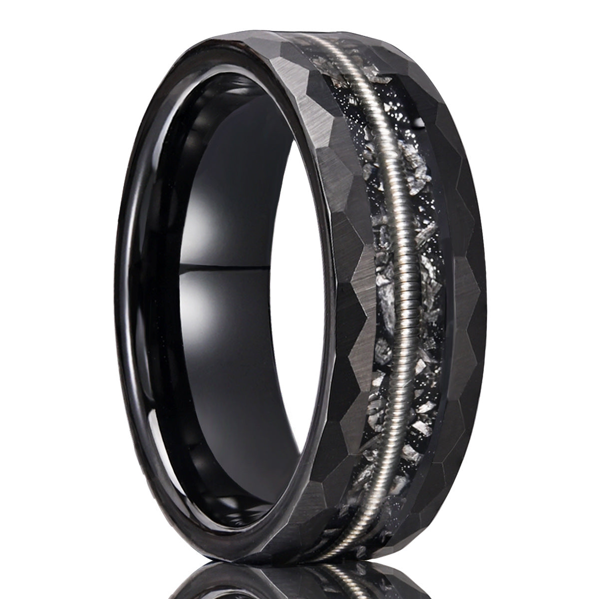 PIOWNN® 8mm Wolframcarbid Ring - Schwarz mit Meteorit & Gitarrensaiten, kratzfester Musiker-Schmuck