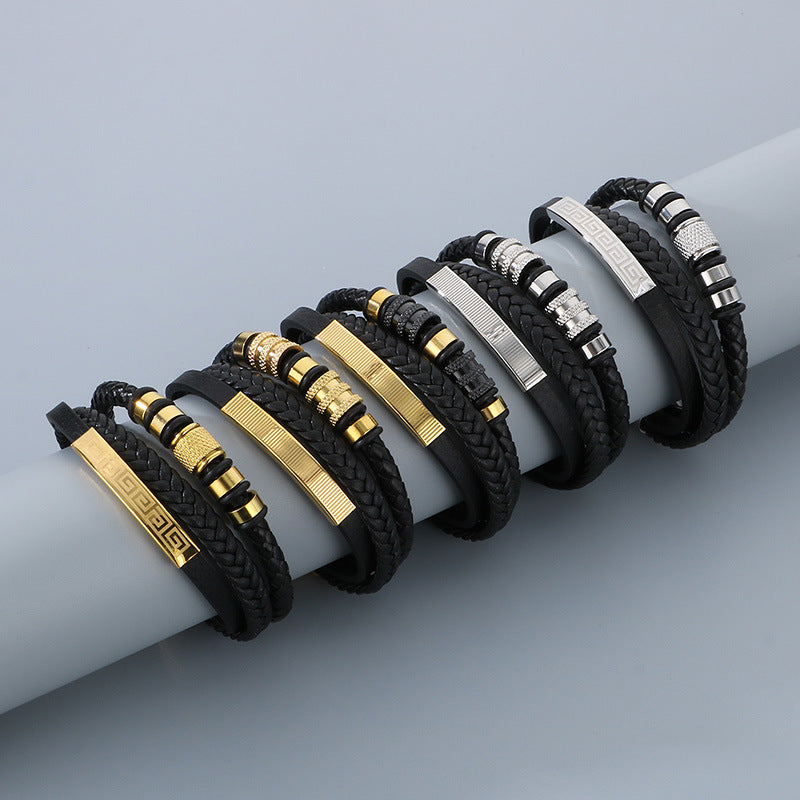Men's titanium steel bracelet - multi-layer leather braid with curved stainless steel sheet and magnetic clasp