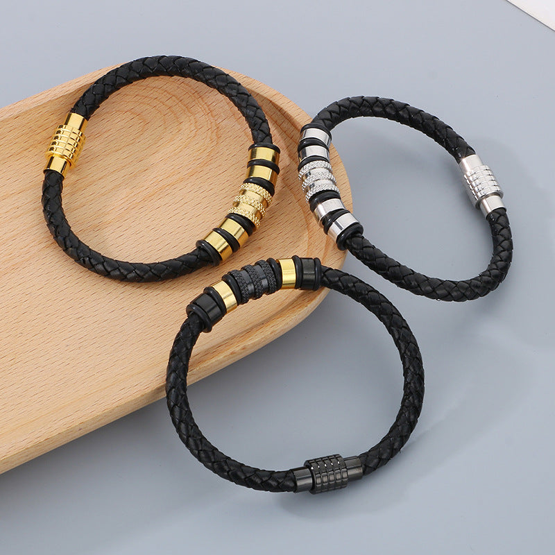 Men's braided leather bracelet with stainless steel magnetic clasp