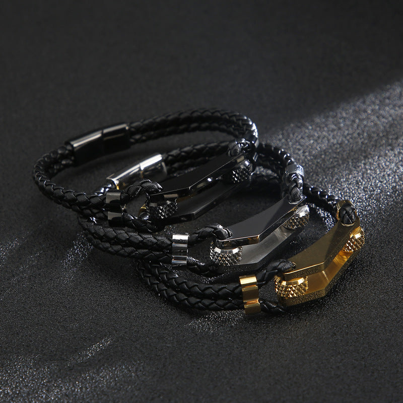 Stainless steel bracelet with double leather braid – titanium steel accents for urban style
