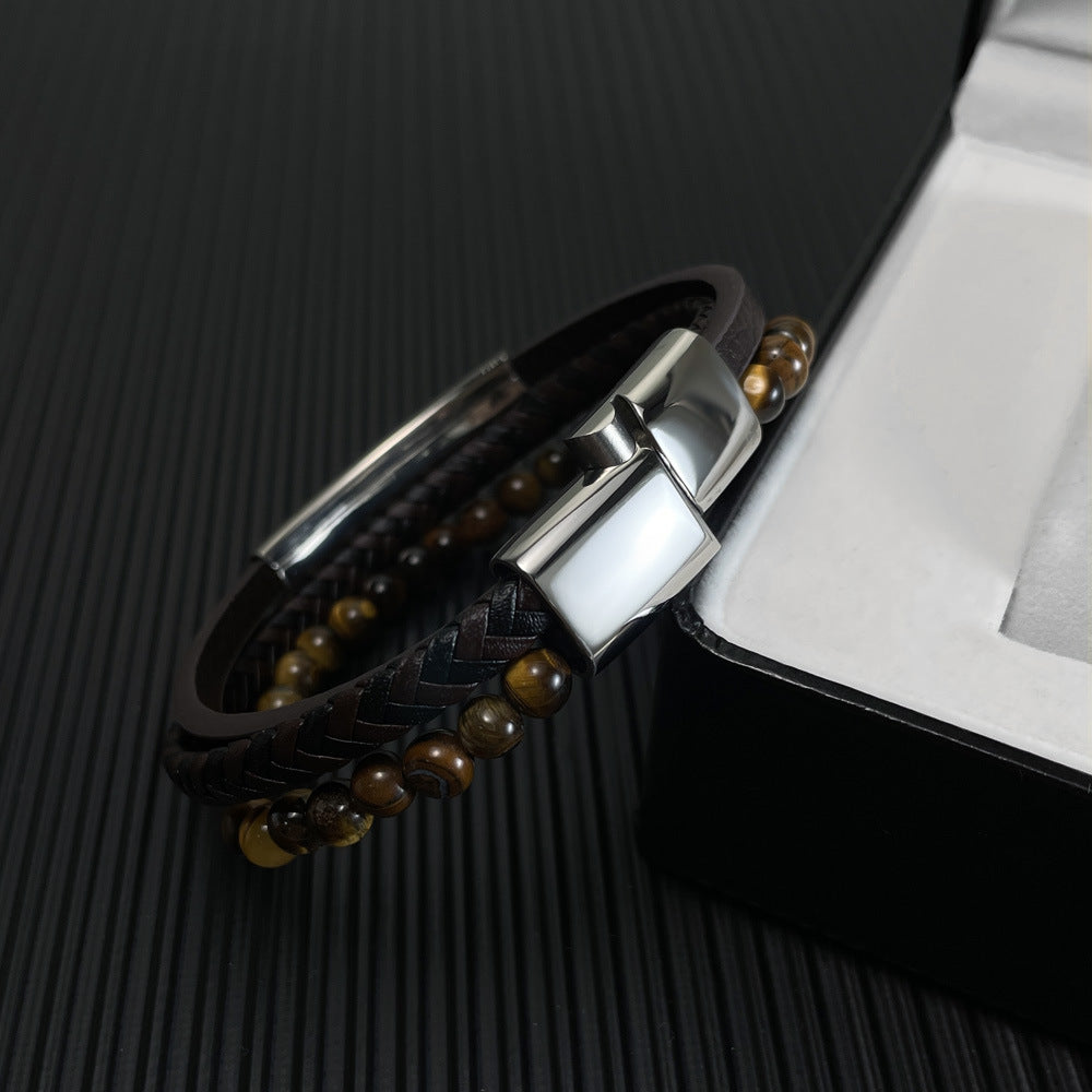 Braided leather bracelet with tiger eye for men – multi-layer design