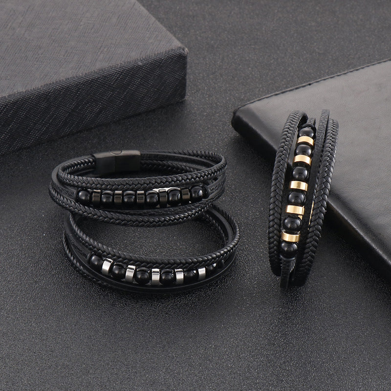 Multi-layered black leather bracelet with stainless steel accents – Hand-woven unique jewelry