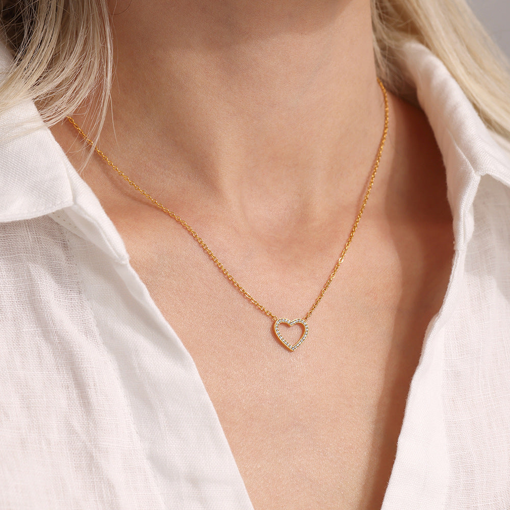 Double chain set: heart pendant with zirconia & cross chain with steel beads – 18K gold-plated or silver stainless steel