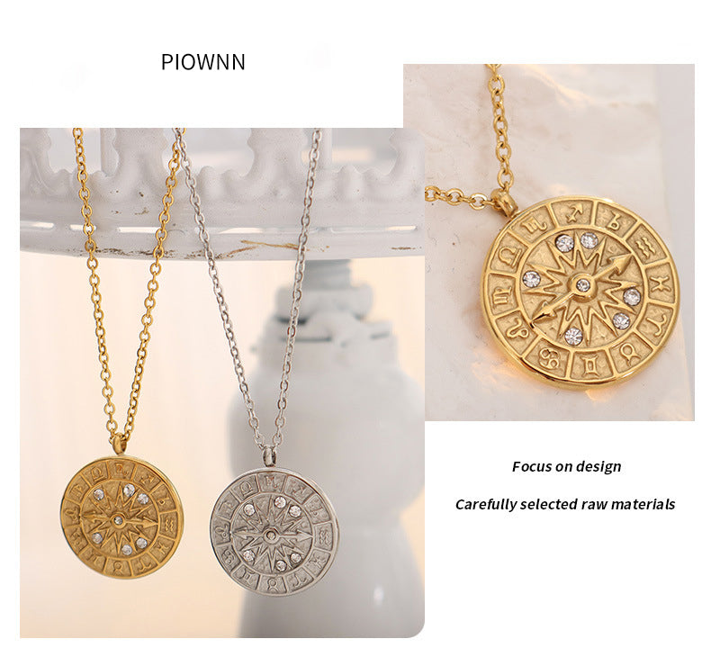 Retro medal pendant with zirconia & relief dial – stainless steel chain in gold or silver