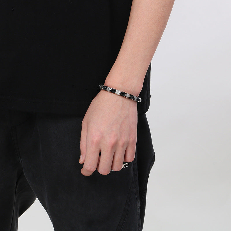 Stainless steel bracelet for men with microfiber leather insert – Timeless pearl design for business & leisure