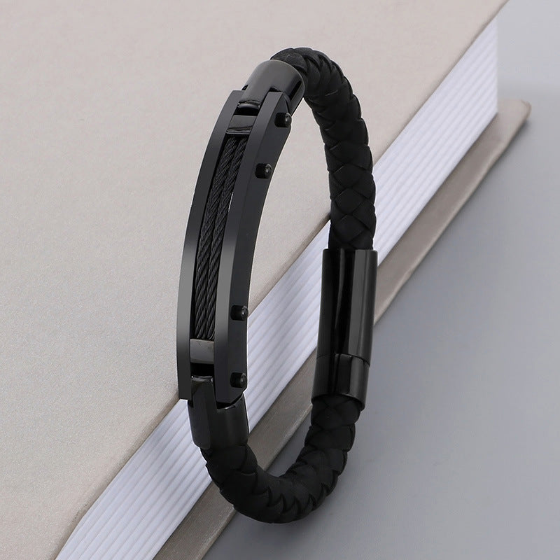 Fashionable men's bracelet made of stainless steel & braided leather - With fiber or steel wire inlays