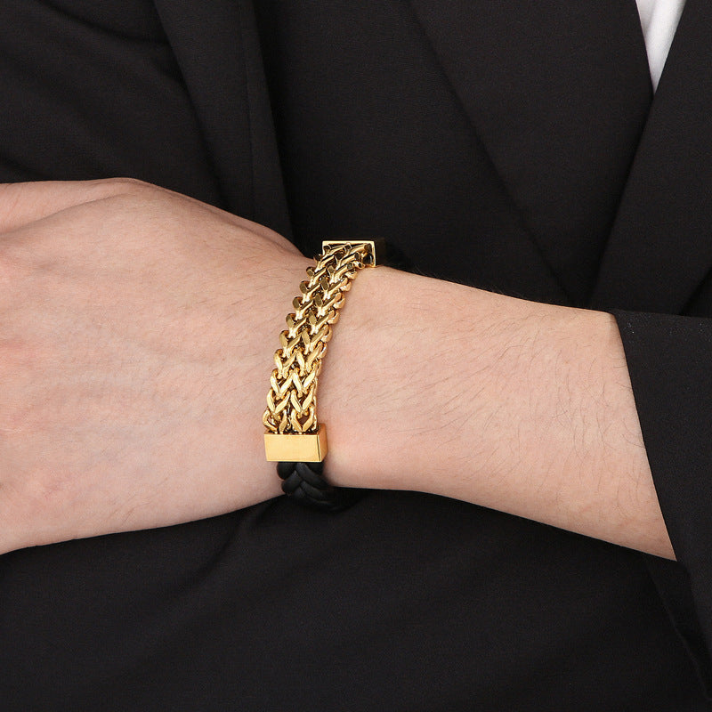 Double-row leather bracelet with titanium steel chain – magnetic clasp for men