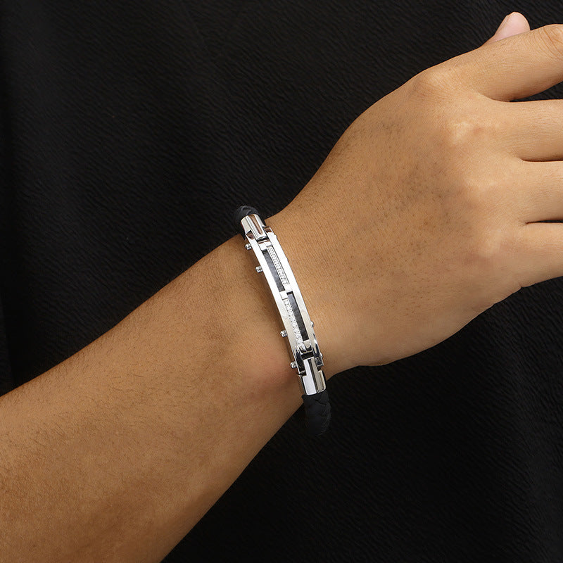 Men's bracelet with steel wire inlay – braided stainless steel leather strap