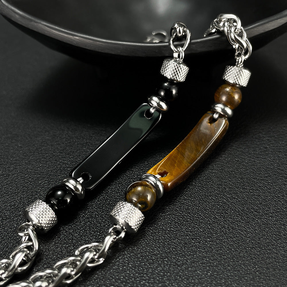 Stainless steel chain bracelet with tiger eye & titanium – For men