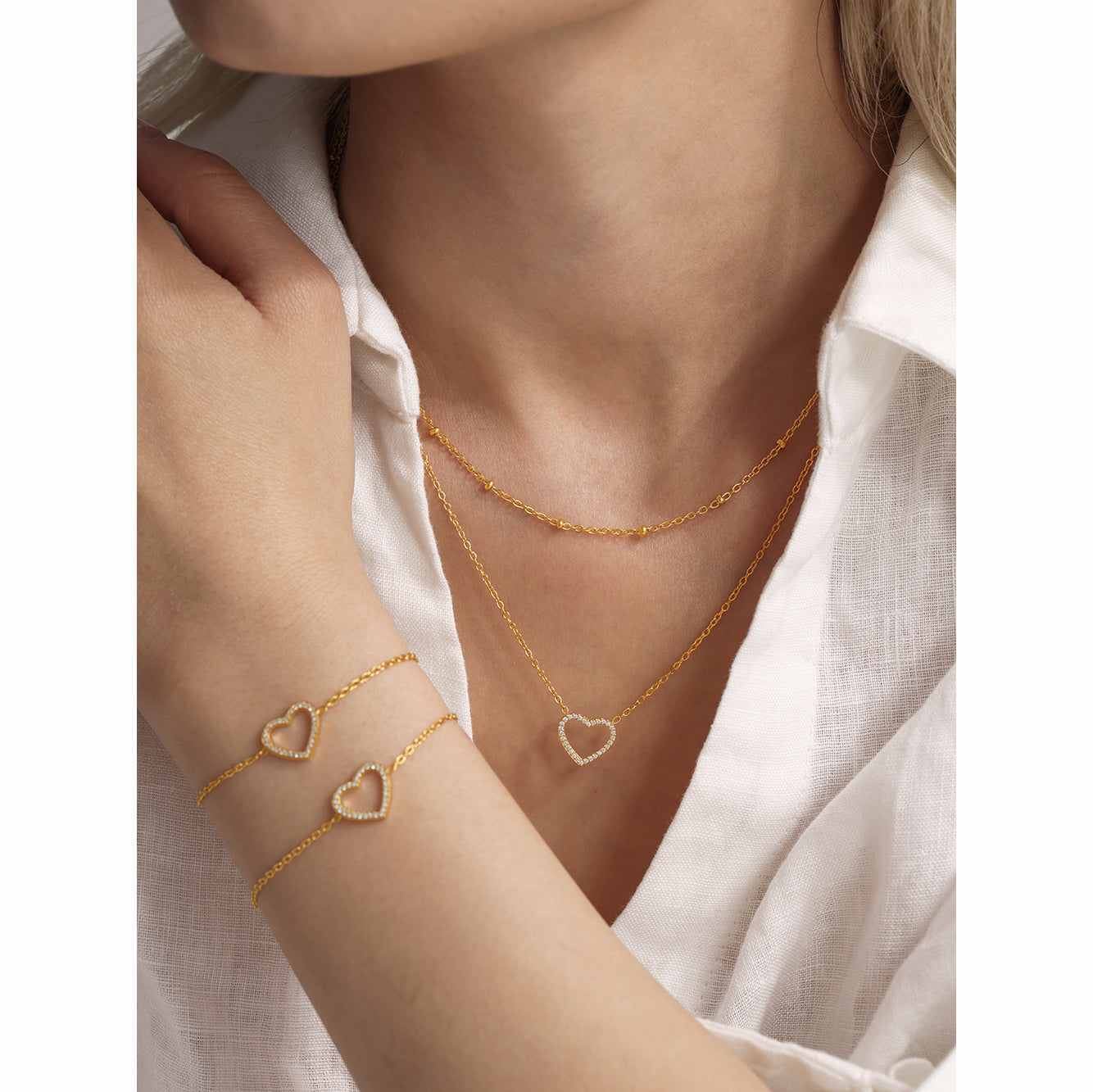 Double chain set: heart pendant with zirconia & cross chain with steel beads – 18K gold-plated or silver stainless steel
