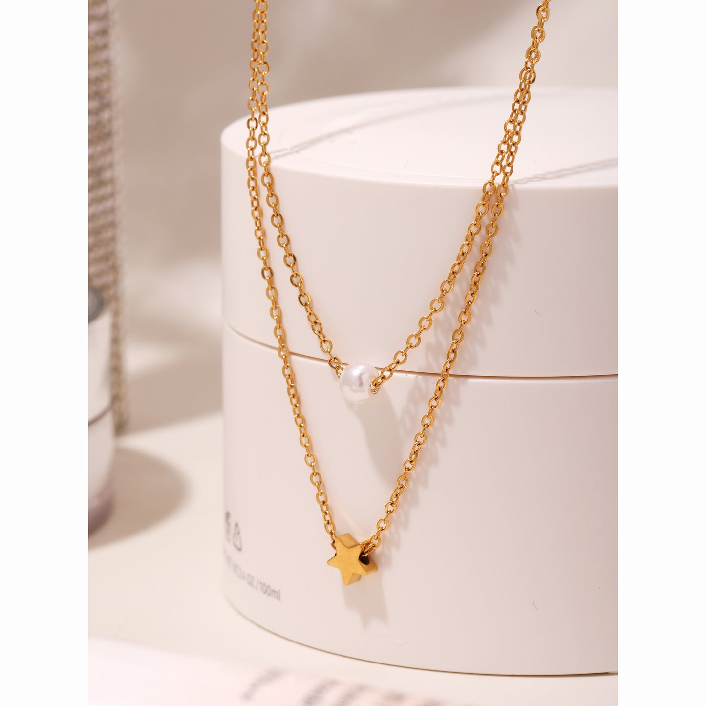 Star double chain with imitation pearls – 18K gold-plated stainless steel or silver look for stylish layering