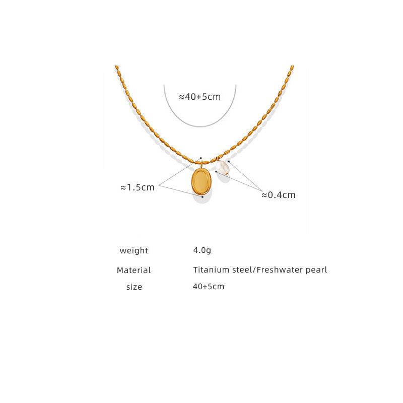 Unique pendant necklace with freshwater pearl & oval plate – gold-plated stainless steel or silver look