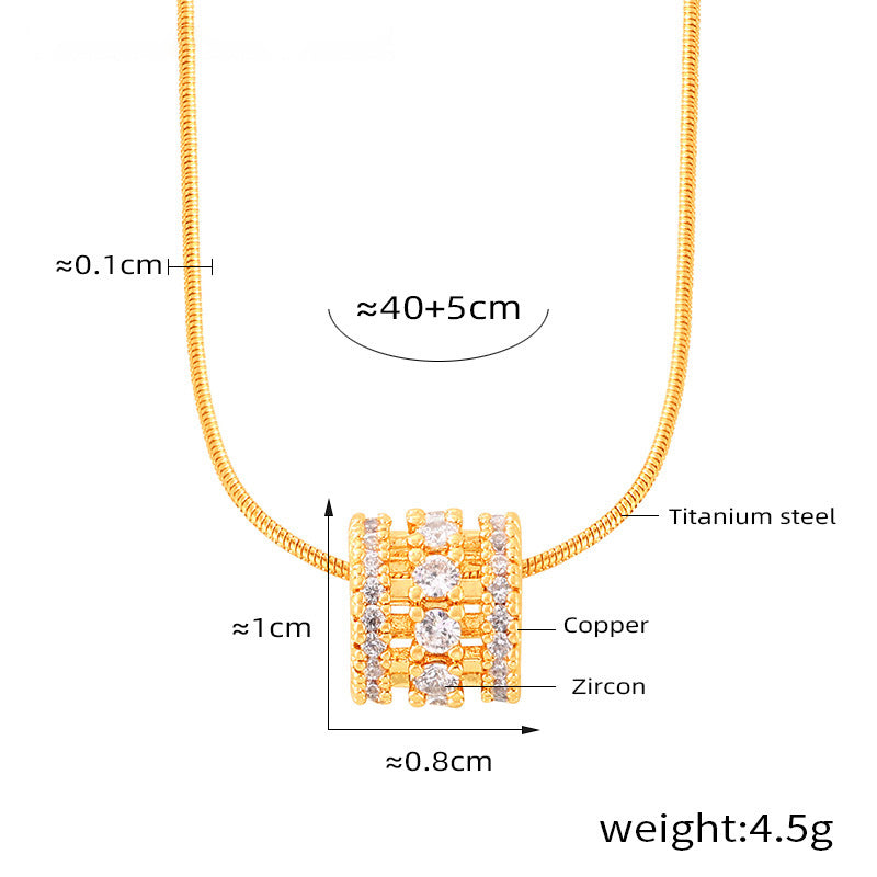 Multi-layered cylinder pendant with zirconia stones | Stainless steel chain in 18K gold or high-gloss silver
