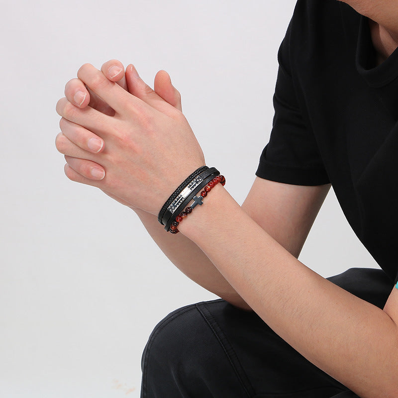 Vintage leather bracelet for men with titanium steel cross & agate beads – multi-layer braided
