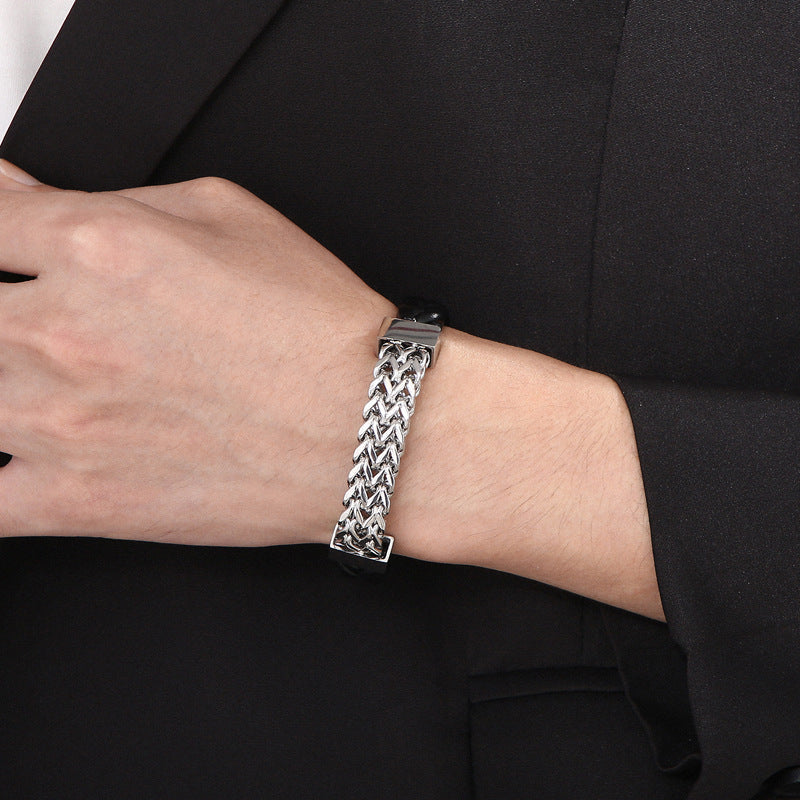 Double-row leather bracelet with titanium steel chain – magnetic clasp for men