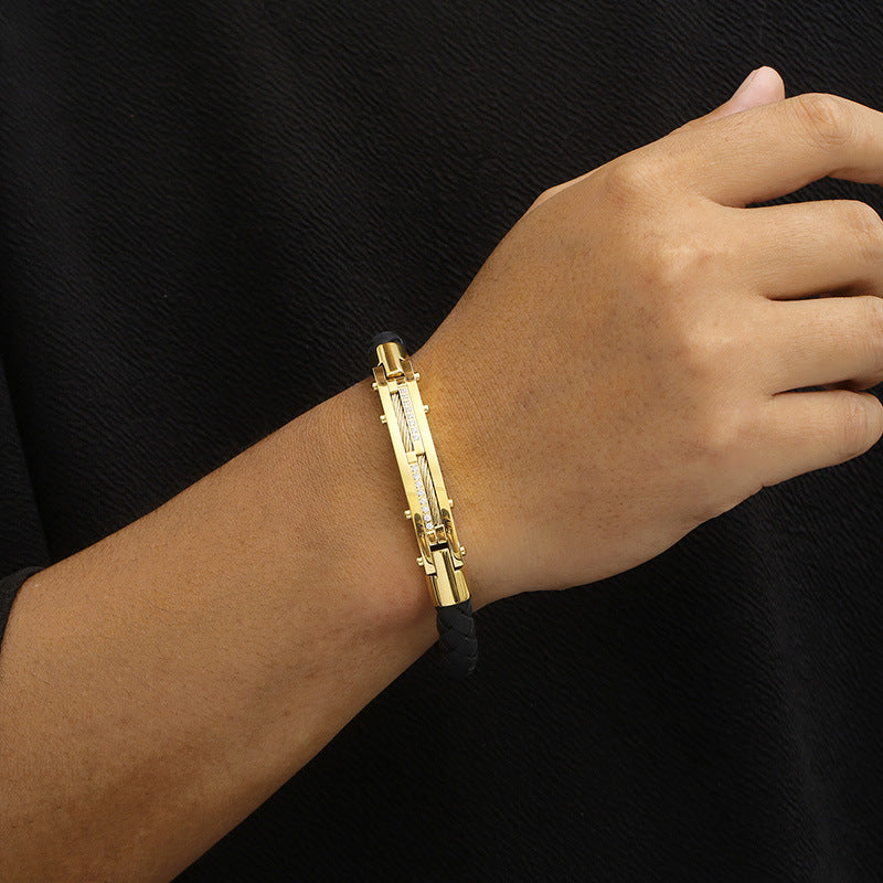 Men's bracelet with steel wire inlay – braided stainless steel leather strap