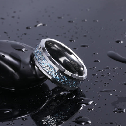 Wolframring mit blauer Kohlefaser-Einlage und Zahnraddesign