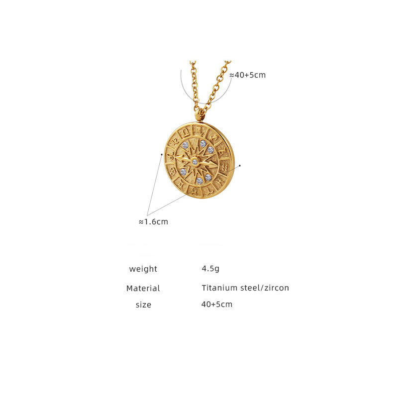 Retro medal pendant with zirconia & relief dial – stainless steel chain in gold or silver