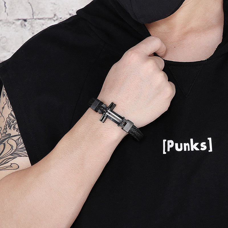 Men's stainless steel bracelet with cross pendant and leather braiding | Hypoallergenic