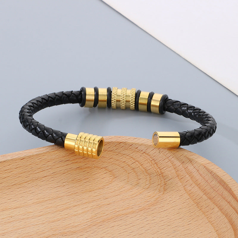 Men's braided leather bracelet with stainless steel magnetic clasp