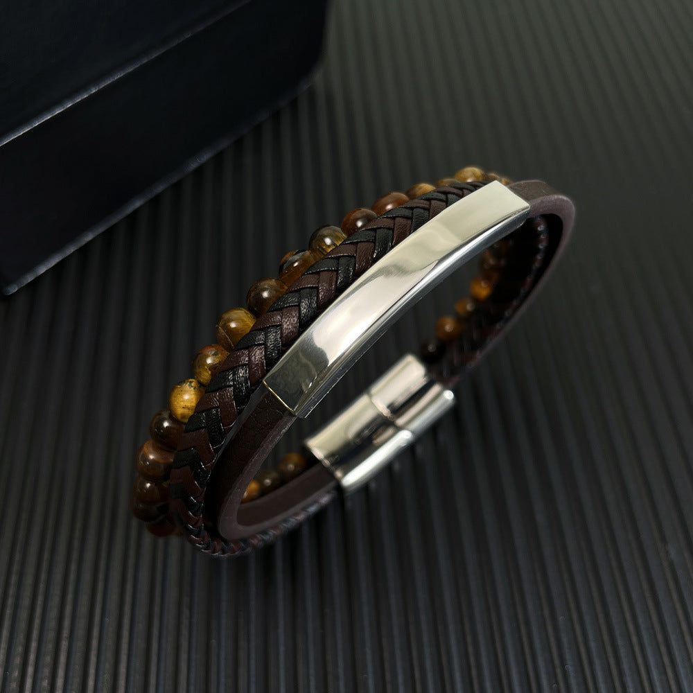 Braided leather bracelet with tiger eye for men – multi-layer design