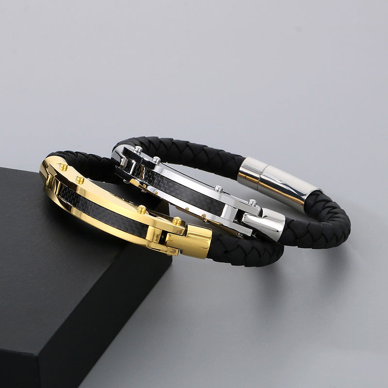 Fashionable men's bracelet made of stainless steel & braided leather - With fiber or steel wire inlays