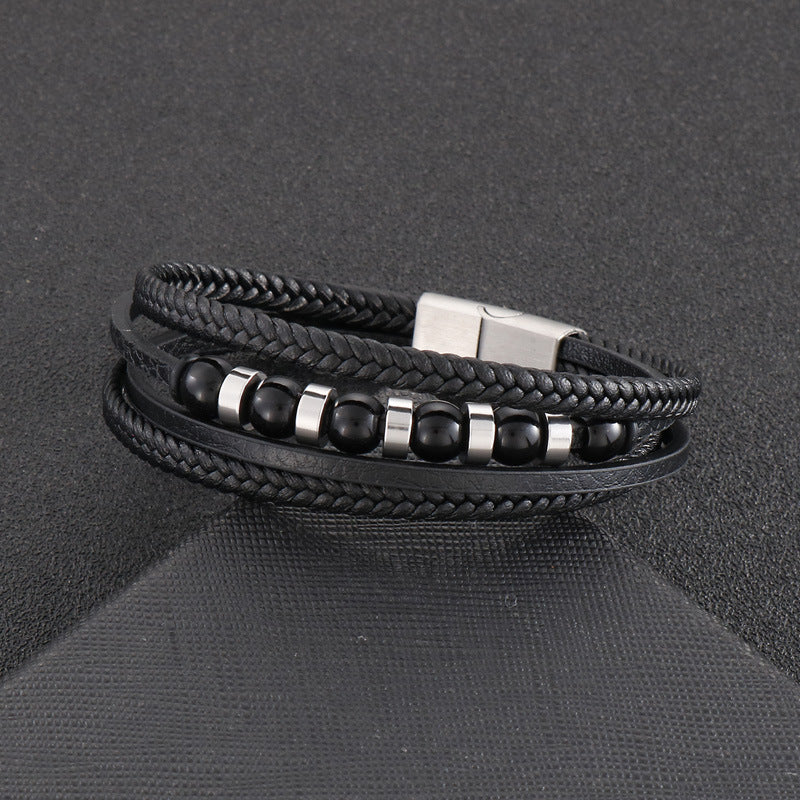 Multi-layered black leather bracelet with stainless steel accents – Hand-woven unique jewelry