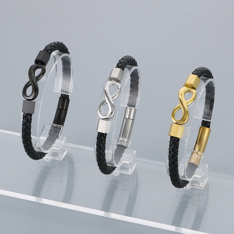 Personalized leather bracelet for men with stainless steel & infinity symbol