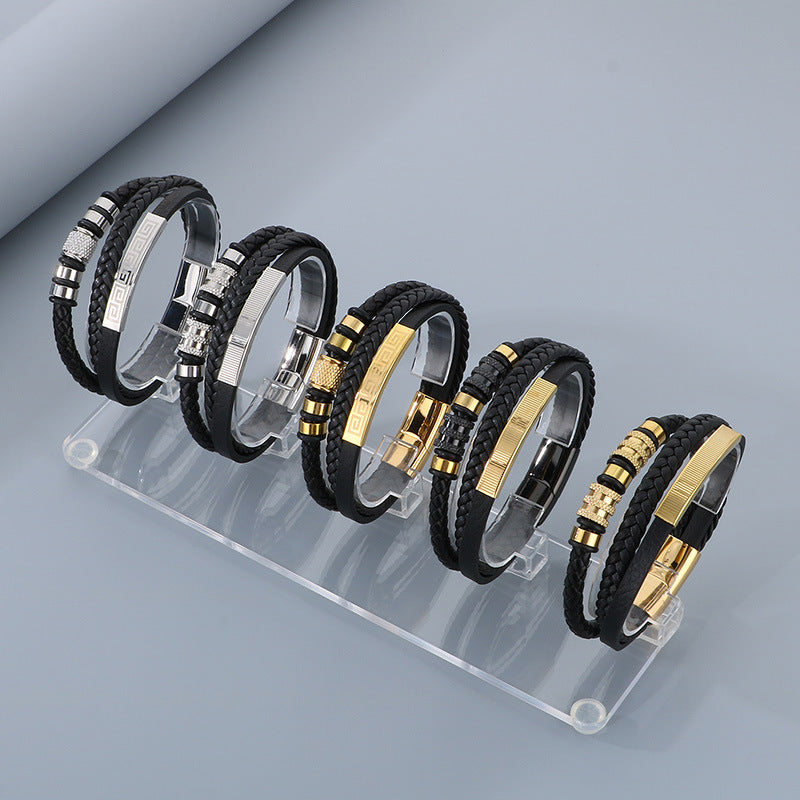 Men's titanium steel bracelet - multi-layer leather braid with curved stainless steel sheet and magnetic clasp