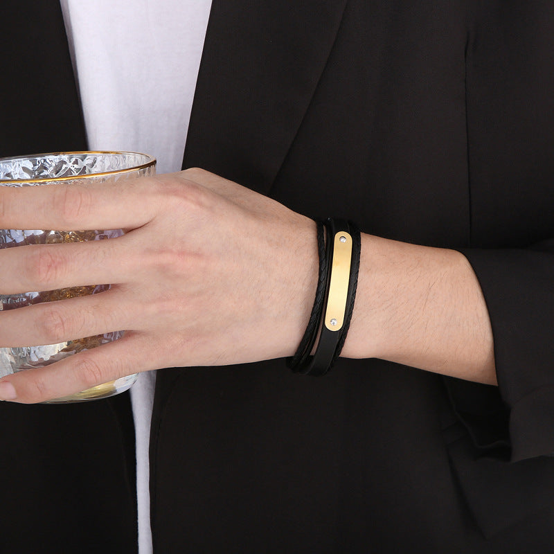 Multi-layered leather bracelet with stainless steel & magnetic plate – hand-woven unique jewelry