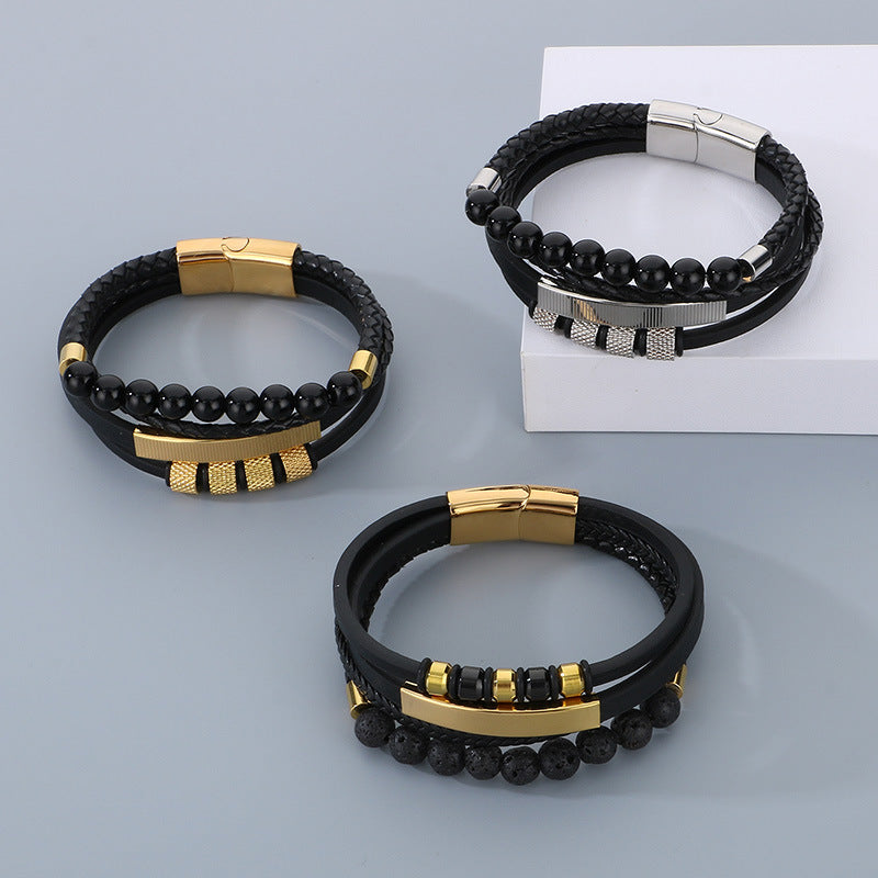 Vintage leather bracelet for men with volcanic stone & magnetic plate – multi-layer microfiber braiding
