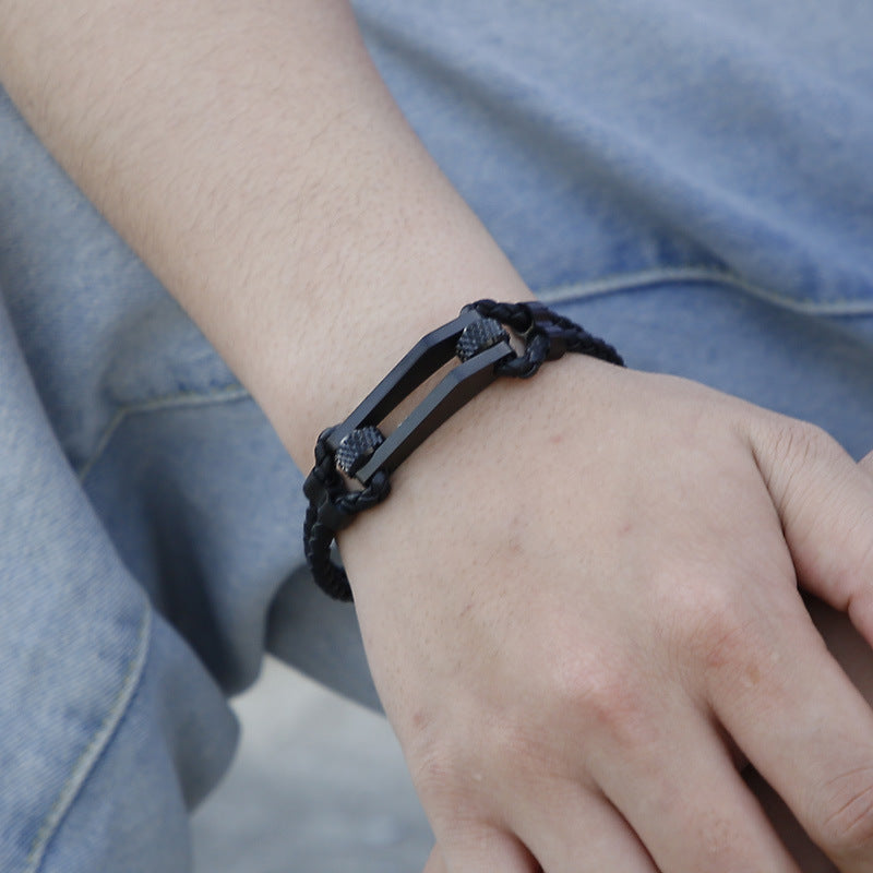 Stainless steel bracelet with double leather braid – titanium steel accents for urban style