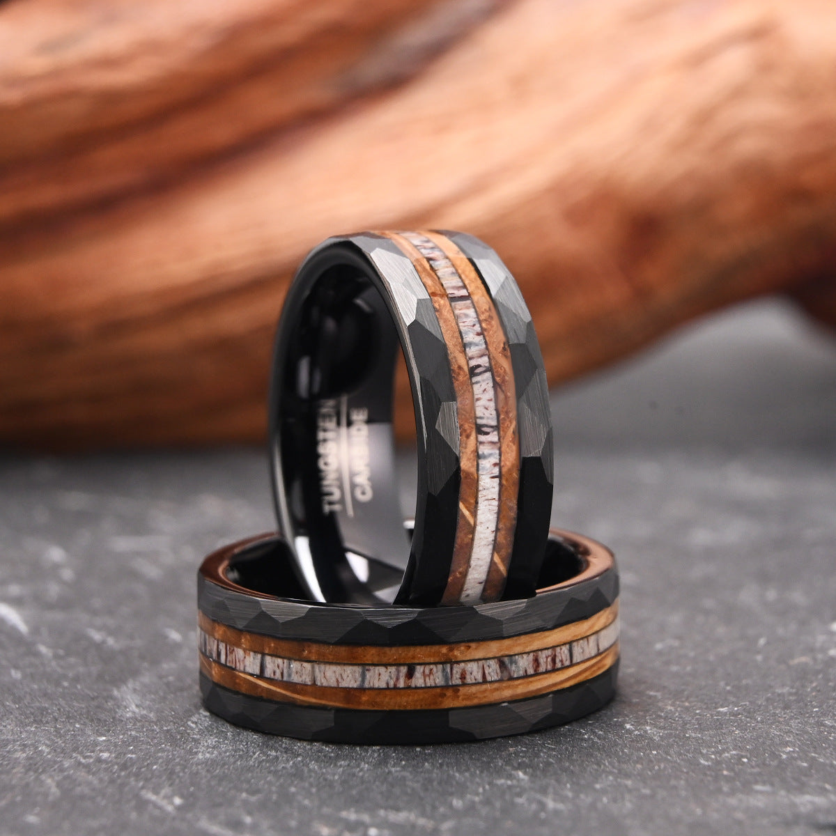 PIOWNN 8mm Wolframcarbid Ring - Schwarz beschichtet mit Hirschhorn
