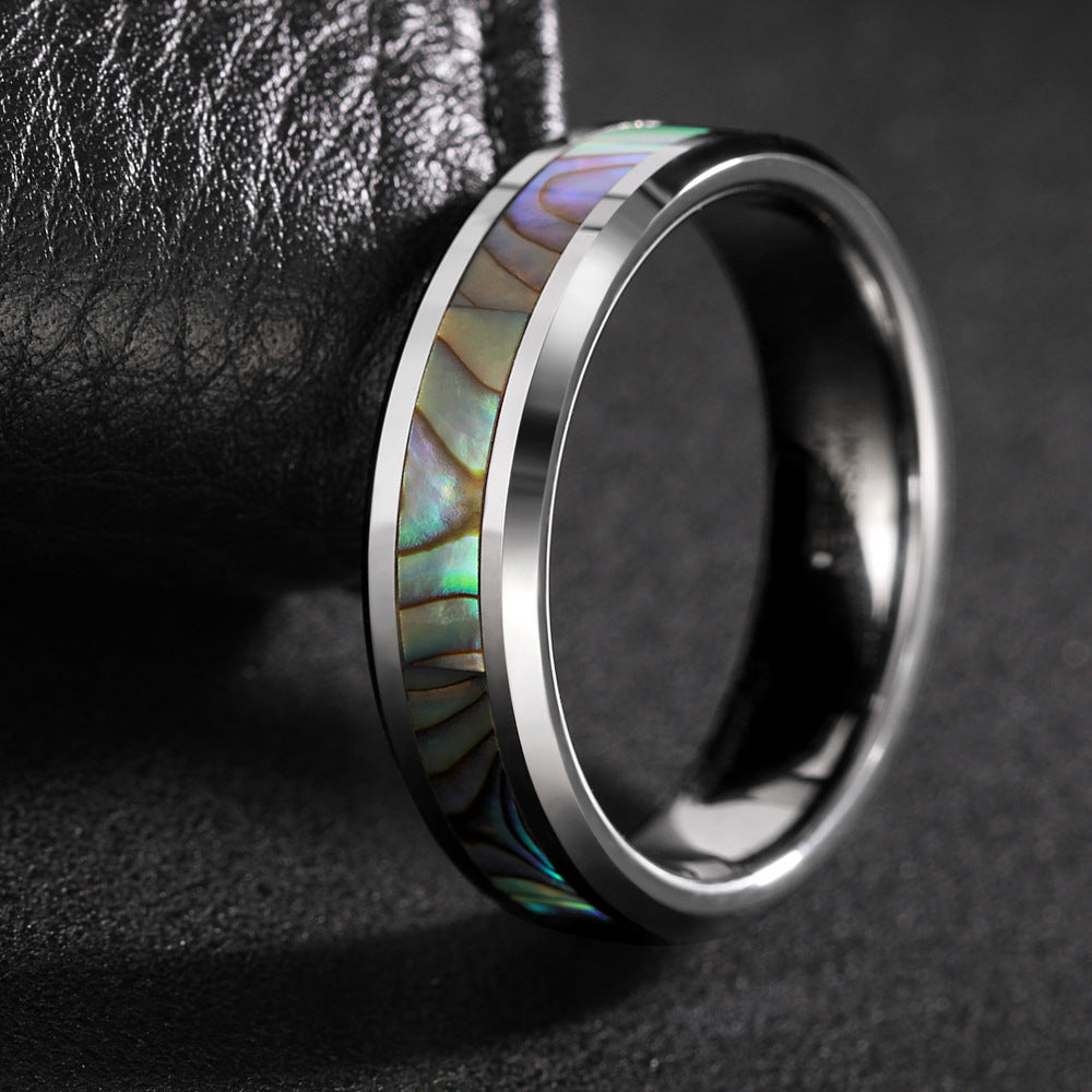 Robuster Wolframring mit einzigartigem Camouflage-Perlmutt