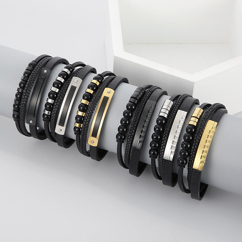 Multi-layer braided leather bracelet with stainless steel & geometric beads – Handmade unique jewelry
