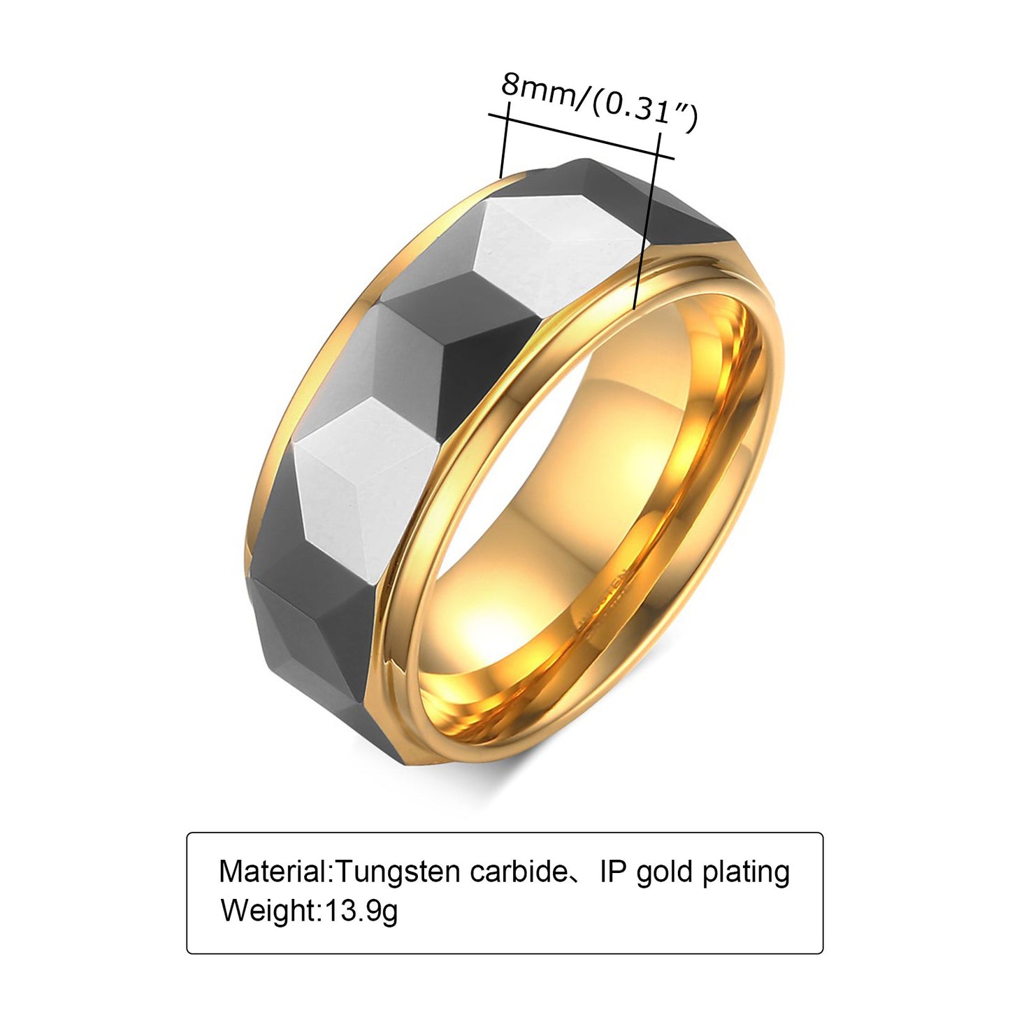 Wolframcarbid-Ring mit Facettenschliff und Goldakzent – Gravurfähiger Herrenring, ideales Geschenk