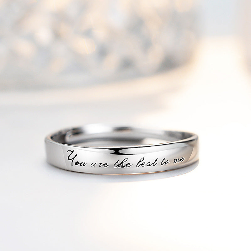 S925 Sterling Silver 'You Are The Best To Me' Couple Rings - Adjustable Size, Rhodium-plated White Gold Finish with Sparkling Zirconia Stones
