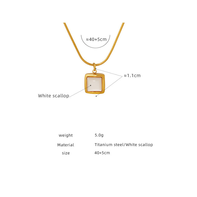 Minimalist square necklace with white shell pendant | Titanium steel 18k gold or steel colors | Understated jewelry design | Scandinavian style