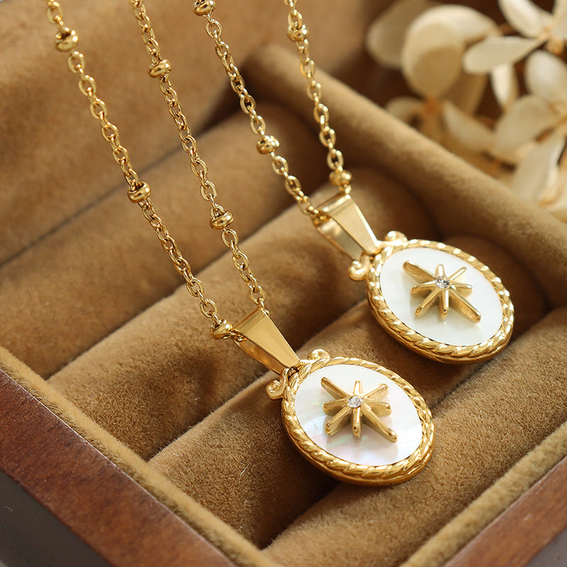White shell star pendant set with zirconia | Stainless steel jewelry in 18K gold or high-gloss silver - Includes ear studs