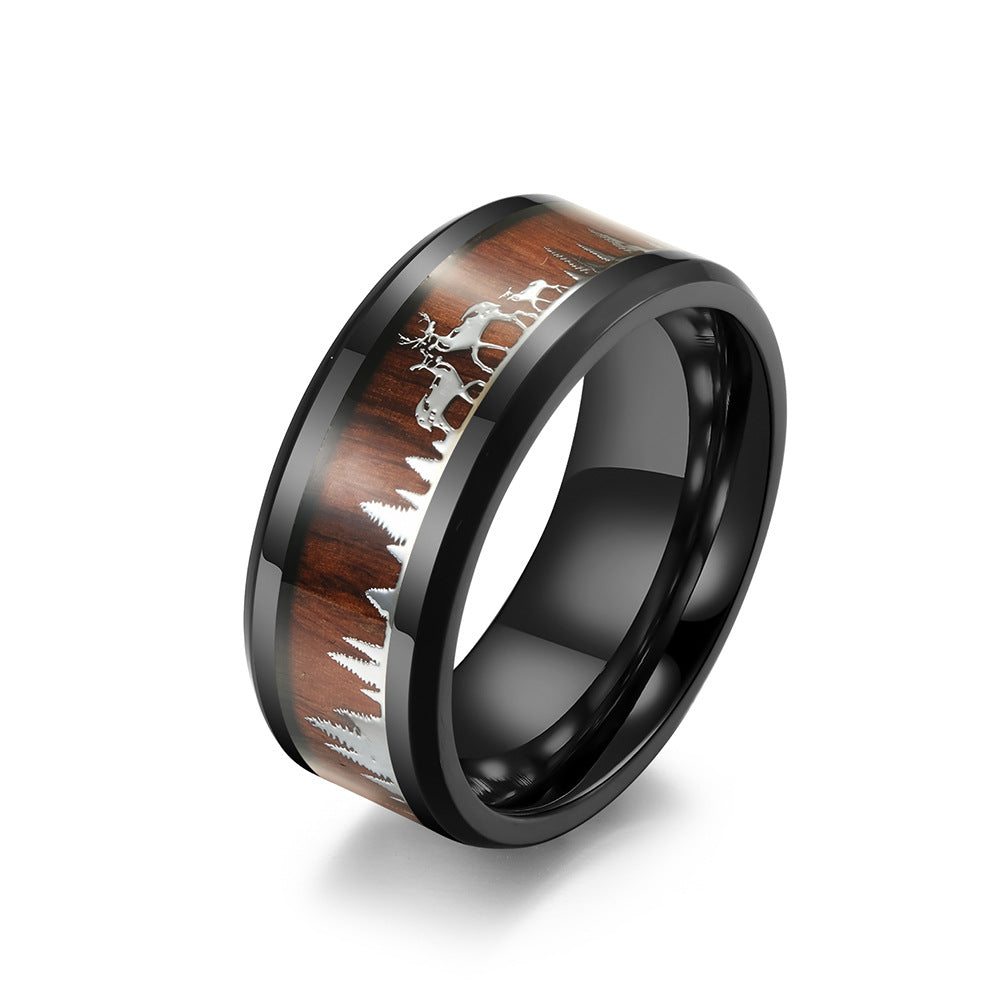 Wild Deer Titanium Steel Ring with Wood Look - Nature-Inspired Men's Jewelry - Forest Motif Wedding Ring - Rustic Wood & Metal Ring