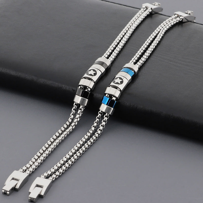 Stainless steel bracelet for men with maritime motifs - anchor, steering wheel, tree of life and stars in 2-layer design