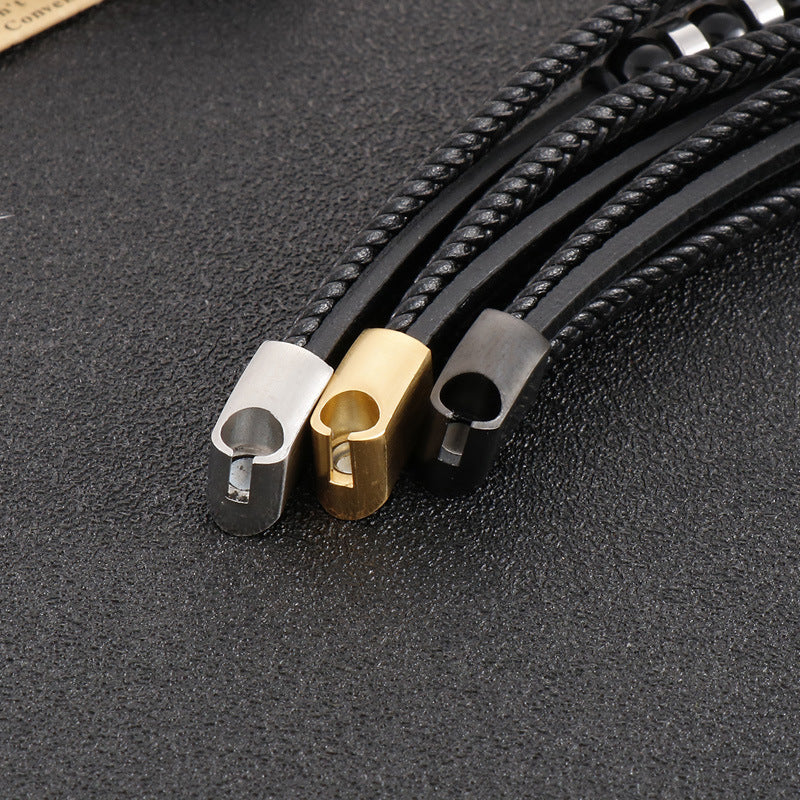 Multi-layered black leather bracelet with stainless steel accents – Hand-woven unique jewelry